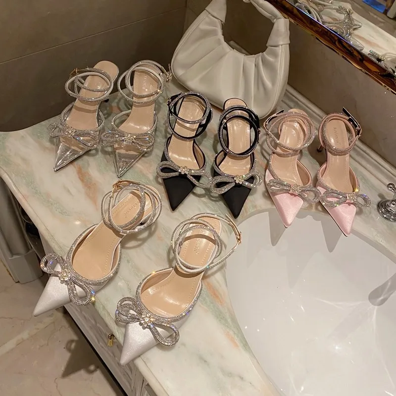 

Summer Fashion Pointed Toe High Heels Rhinestones Hollow Outs Ankle Strap Stiletto Bowknot Big Size-42 Women Sandal High Heels