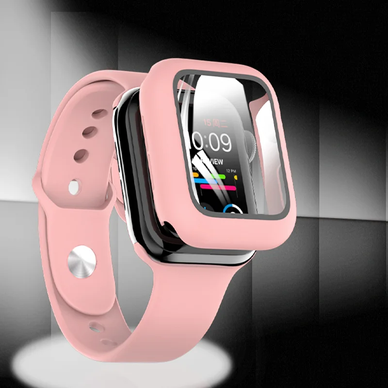 

Glass+Case+Strap For Apple Watch band 44mm 40mm 45mm 41mm 38mm 42mm 44 mm Silicone watchband bracelet iWatch serie 7 3 4 5 6 se