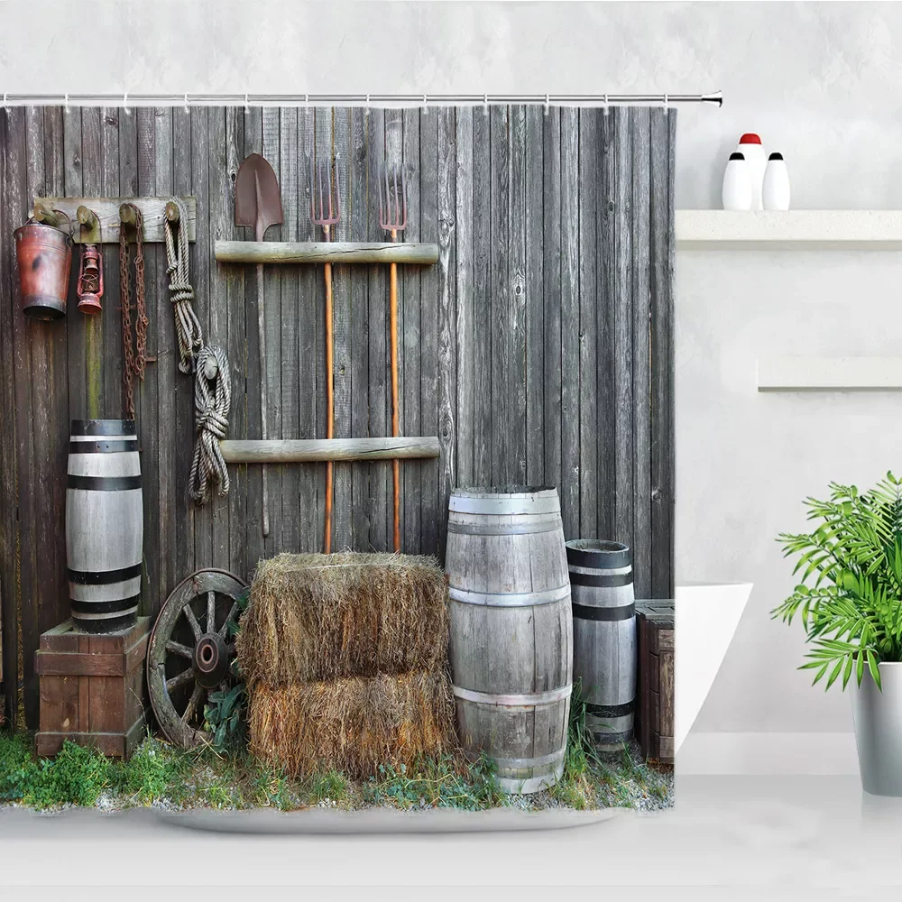 

2023 Retro Rustic Wood Doors Shower Curtains Vintage Farm Barn Old Door Home Decor Waterproof Polyester Fabric Bathroom Curtain