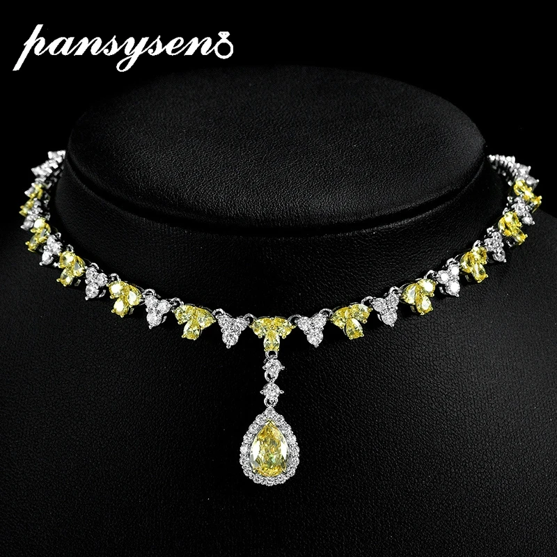 

PANSYSEN 925 Sterling Silver 4CT Sparkling Pear Citrine High Carbon Diamond Gemstone Pendant Necklaces Women Fine Jewelry Gift
