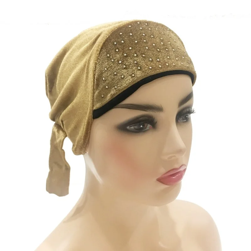 

Muslim Women Head Scarf Chemo Hat Rhinestone Turban Pre-Tied Headwear Bandana Hair Loss Head Scarf Wrap Stretch Caps New