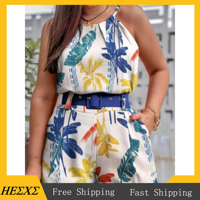 

Женский Повседневный богемный костюм с принтом, модный костюм из двух предметов с поясом, Привлекательный Топ с лямкой на шее и шорты с высокой талией и карманами, летний комплект из двух предметов для женщин