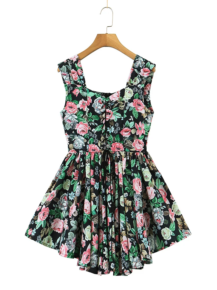 

YENKYE Women Front Lace Up Bandage V Neck Floral Print Tank Dresses Sexy Sleeveless Female Holiday Summer Dress Short Vestido