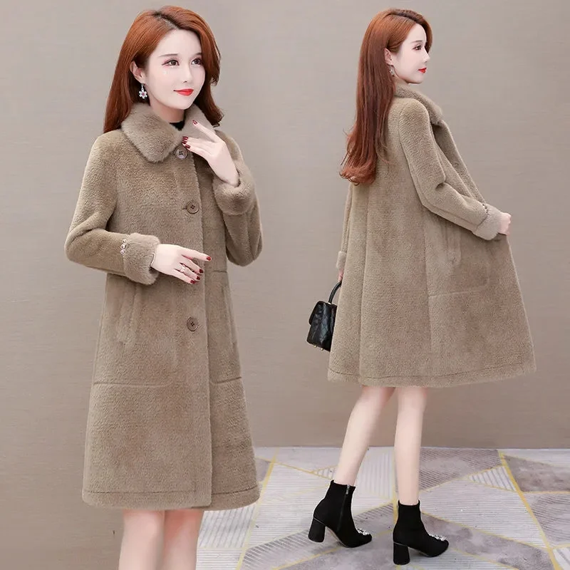 Mink Velvet Fur Coat Women 2022 Winter New All-match Thick Woolen Imitation Gold Mink Velvet Plush Coat Button Solid Color Slim