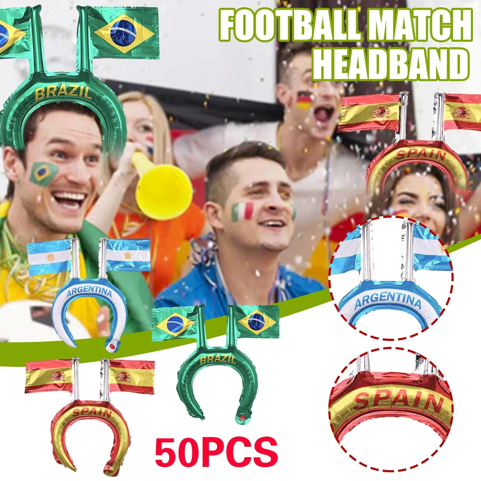 

50pcs Qatar Football Match Headband Foil Balloon Decor Soccer Match Support Supplies Spain Argentina Brazil CheerUp Headban