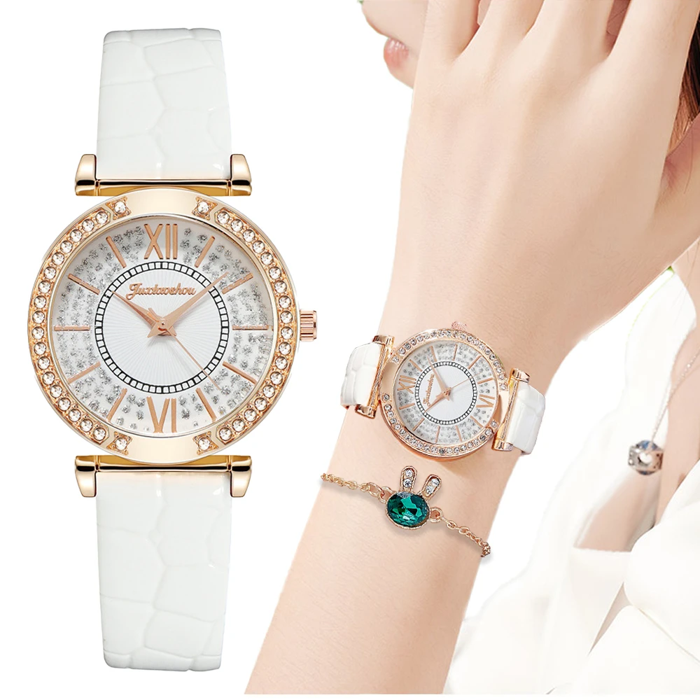 Luxury Diamond Women Fashion Watches Roma Scale Simple Full of stars Ladies Quartz Wristwatches Leat