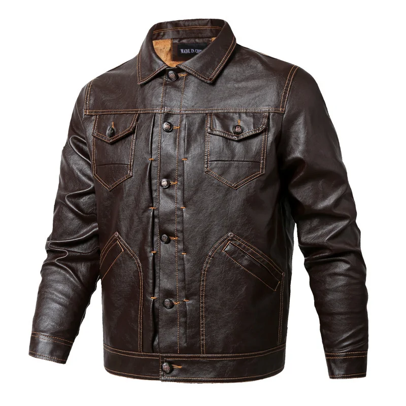 

2021 Winter Casual Men's Pu Leather Coat Large Loose Lapel Leather Jacket with Plush Multi Pocket Coat