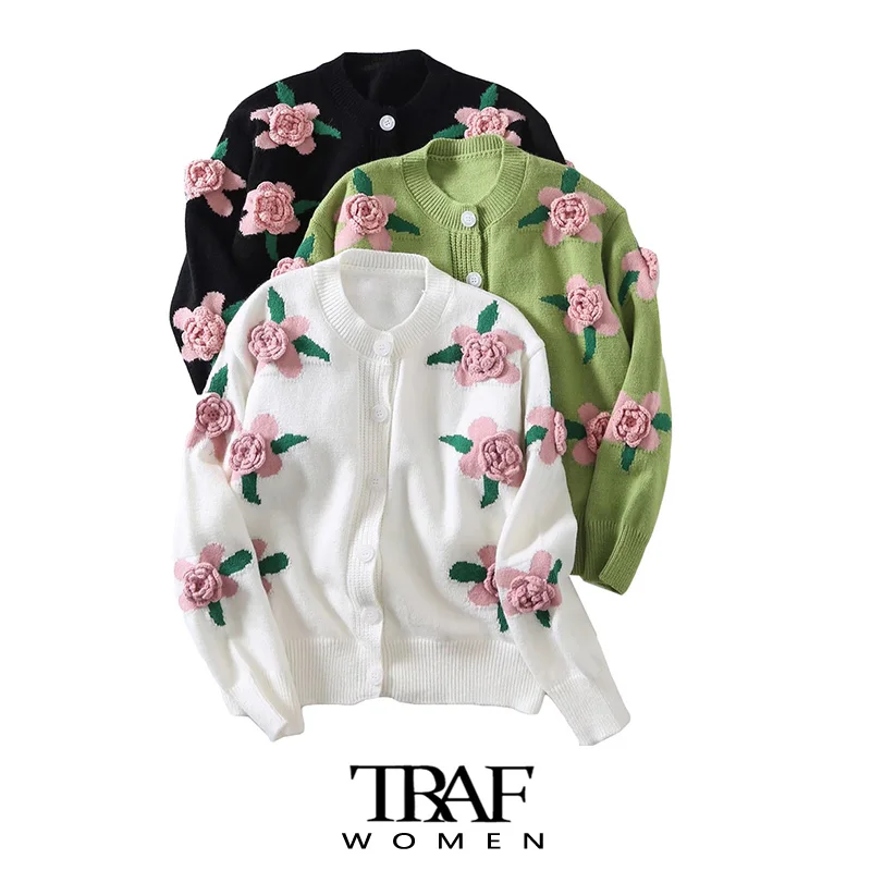 

TRAF Women Fashion Floral Appliques Loose Knit Cardigan Sweater Vintage O Neck Long Sleeve Female Outerwear Chic Tops