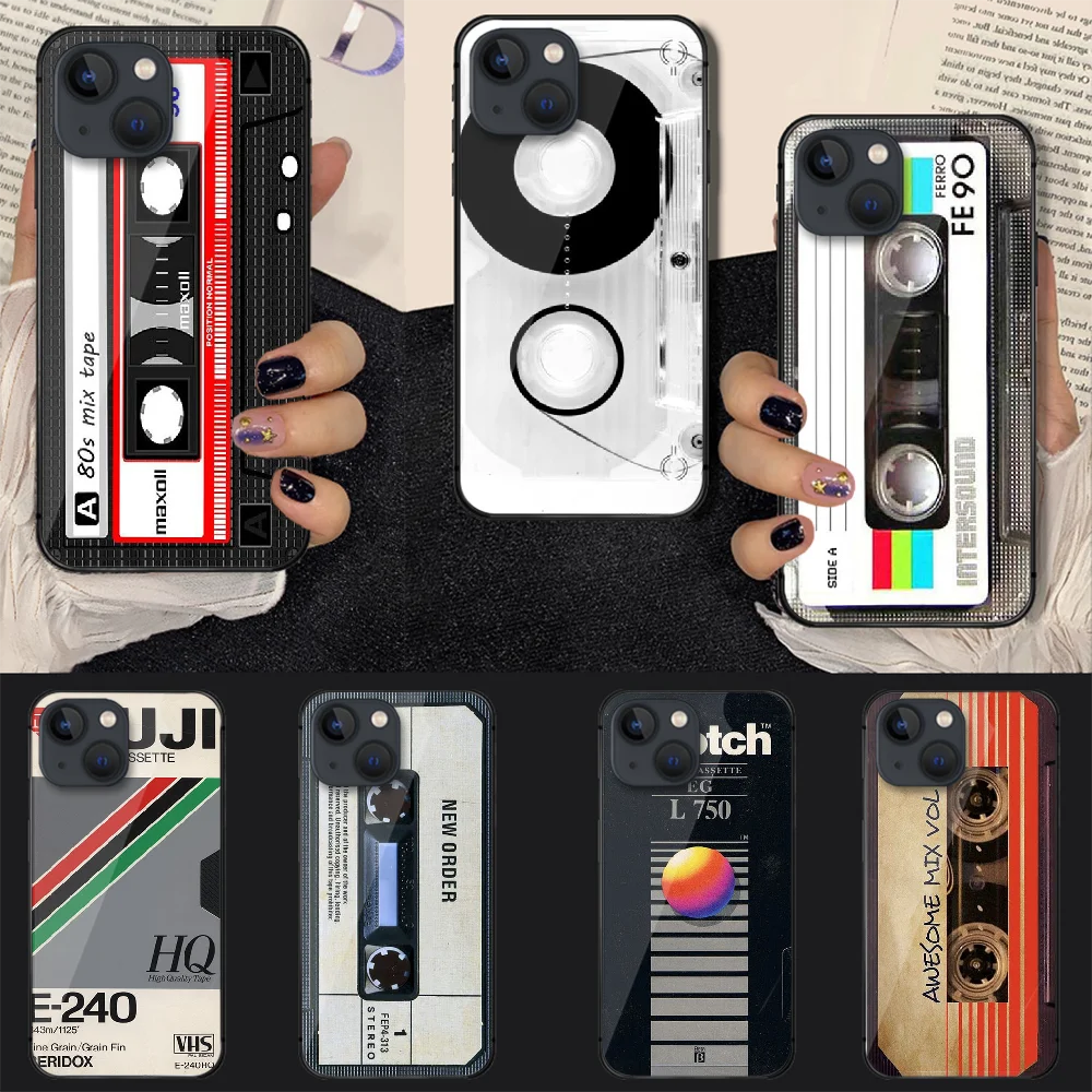 

Vintage retro VHS Fashion Tempered Glass Phone Case Cover For Iphone 7 8 11 12 13 14 Pro Max Plus Mini 6s X XS XR SE Black