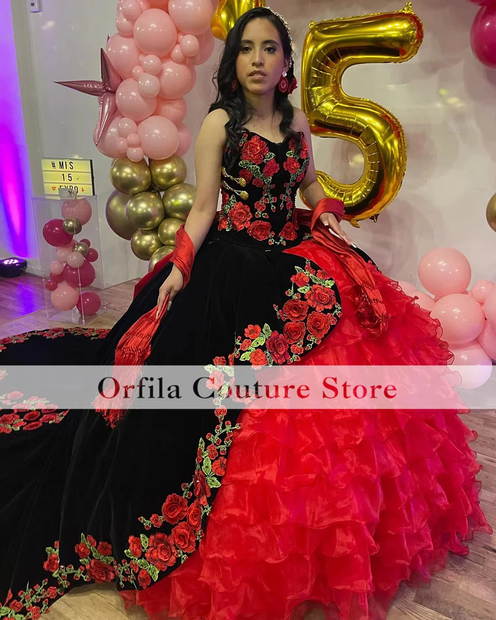 Red Black Embroidery Quinceanera Dresses Mexican Charra XV Layered Satin Short Sleeve Sweet 15 Birthday Dress Prom Wear