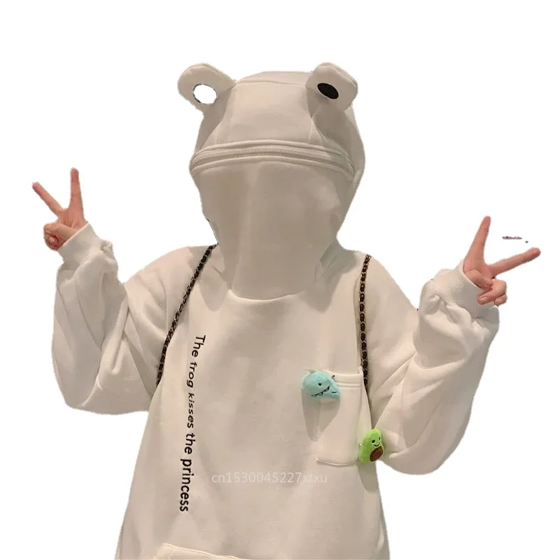 

Unisex Frog Zipper Hoodie Fleece Lined Springtime Embroidery oversized Sweatshirt Harajuku Warm Pullover Style Dropship
