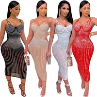 mesh see though hot rhinestones plunging v neck midi bodycon dress for women sexy club party dresses pencil vestidos sale items