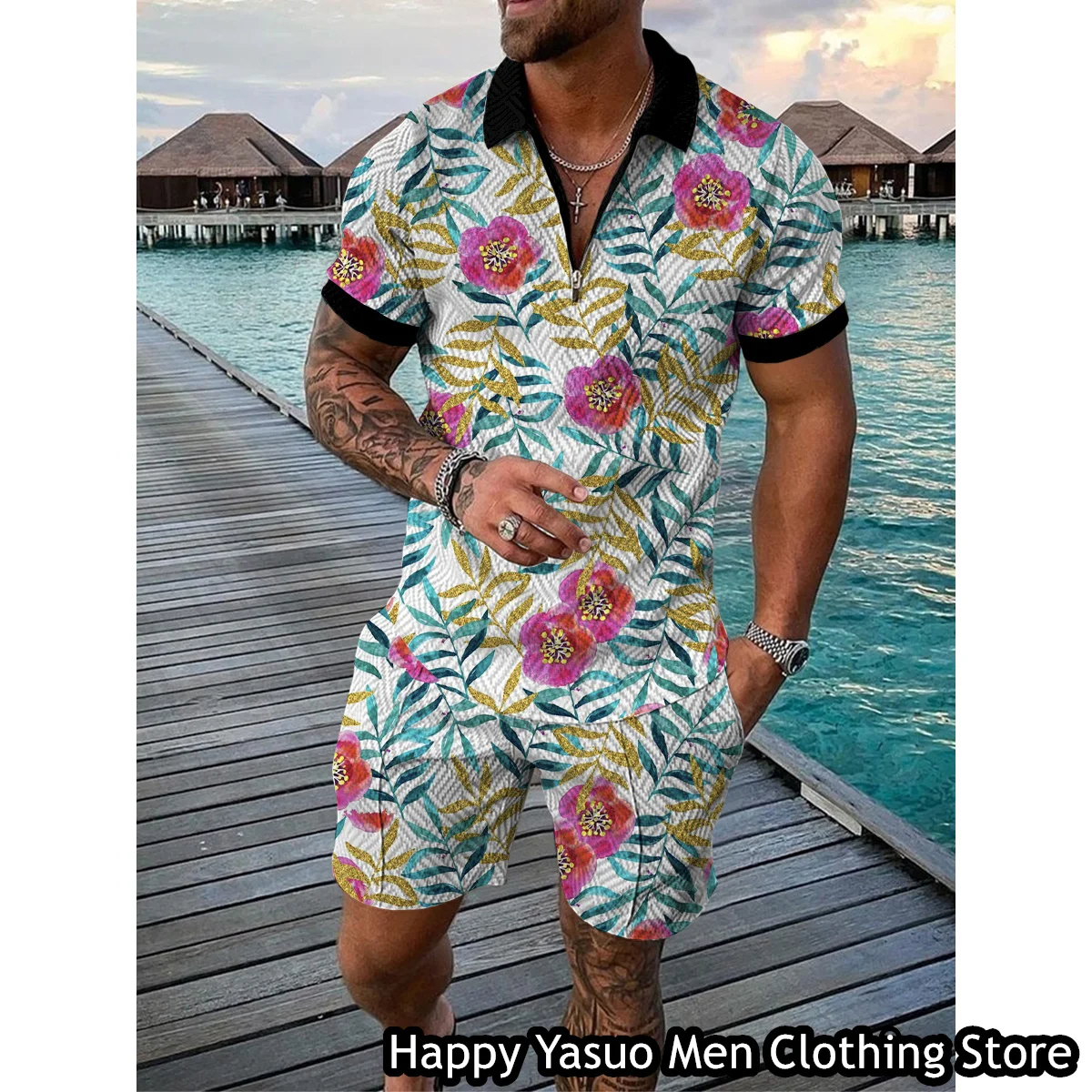 Summer Men Polo Shirt Set 2 Pieces Hawaiian Vacation Style Outfit Male Casual Suit Vintage Clothing Floral Printing Tracksuit