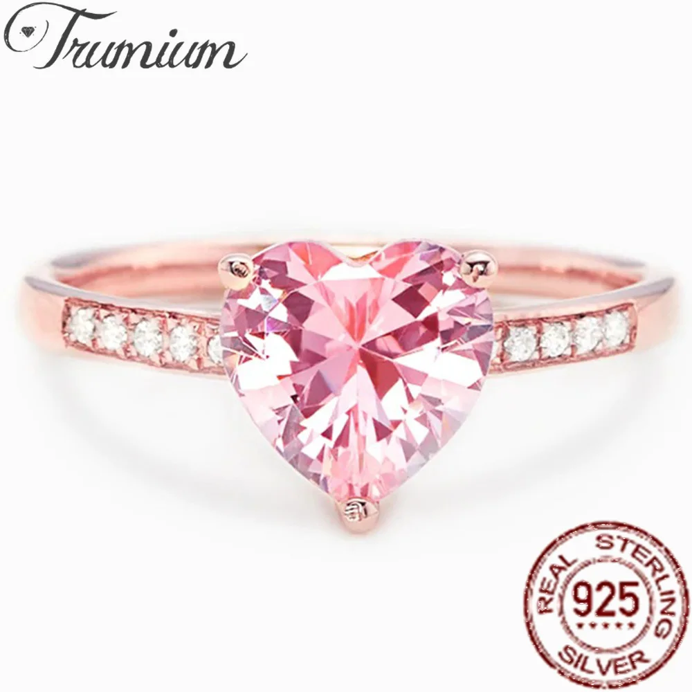 

Trumium 925 Sterling Silver Luxury Solitaire Women Heart Engagement Rings Pink Cubic Zirconia Proposal Rings For Girlfriend Gift