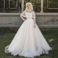 princess ivory wedding dress long floor length o neck vintage bridal gown sweep train a line applique zipper back robe mairee