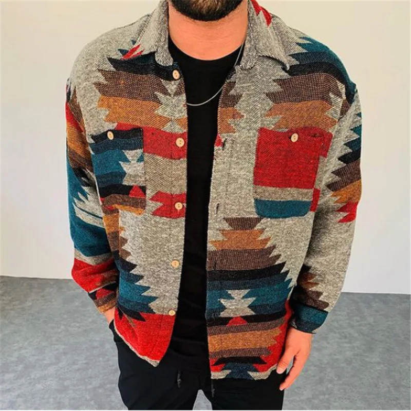 

Vintage Long Sleeve Shirt Men National Style Print Male Street Loose Oversized Brushed Coat Casual Shirt Top Spring Autumn