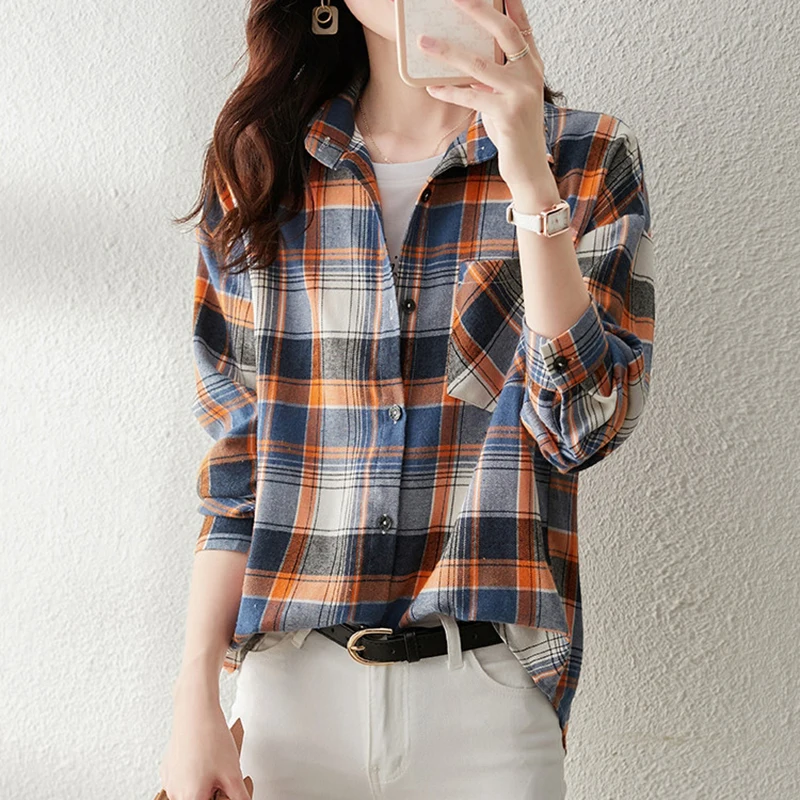 Клетчатая повседневная блузка женская мода весна-осень 2021 блузки с длинными