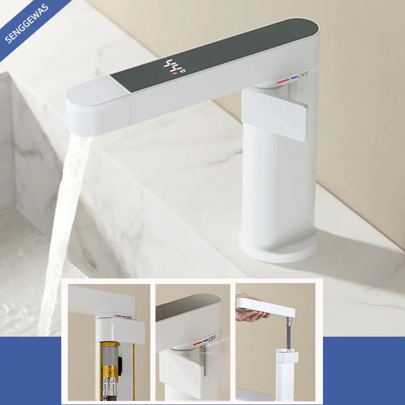 Белый смеситель для ванной, смеситель для горячей и холодной воды, умный смеситель для раковины в ванной комнате, выдвижной смеситель с температурой, кран, смеситель для раковины