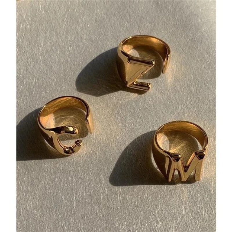 

Hollow A-Z Letter Gold Color Metal Adjustable Opening Ring Initials Name Alphabet Female Party Chunky Wide Trendy Jewelry