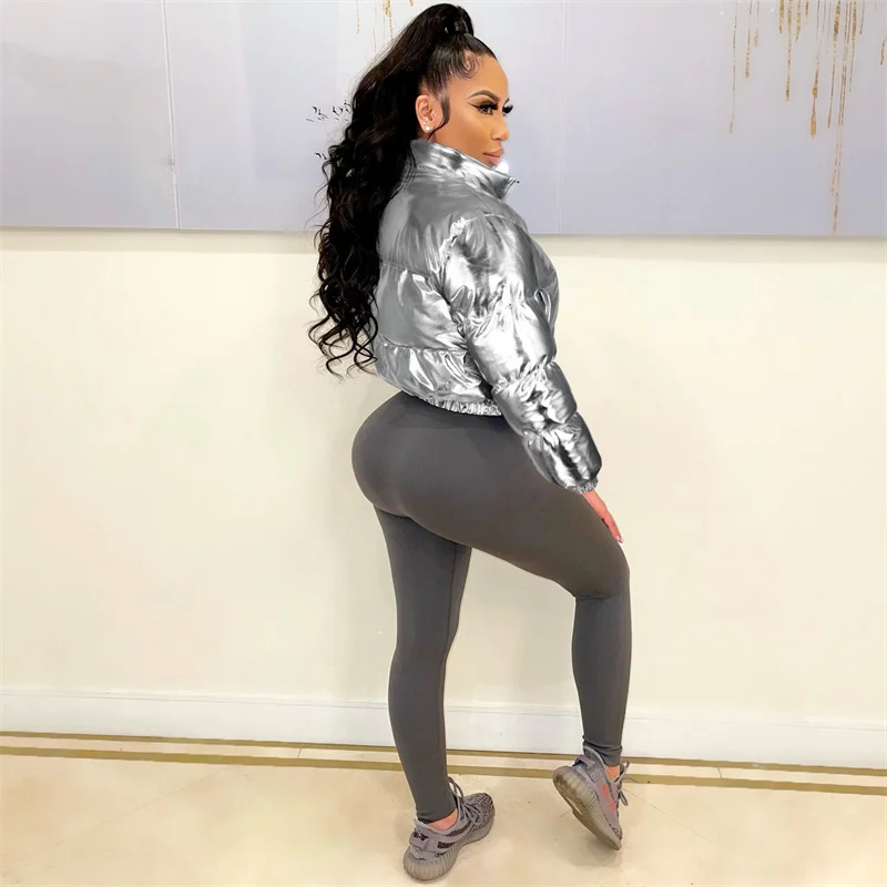 Adogirl Gilding Cotton Padded Jackets 2022 Winter Women Stand Collar Long Sleeve Zipper Short Parkas Coats Cropped Tops