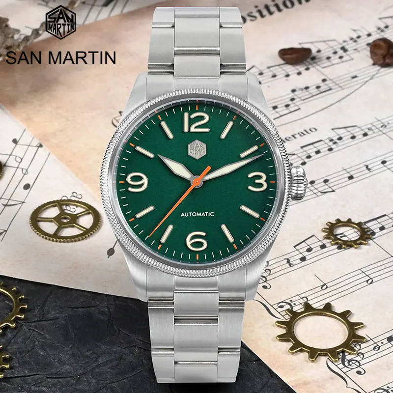 

San Martin Retro Pilot Men Watch Original Design Carved Coin Bezel NH35 Automatic Mechanical Wristwatch Sapphire Waterproof 100M