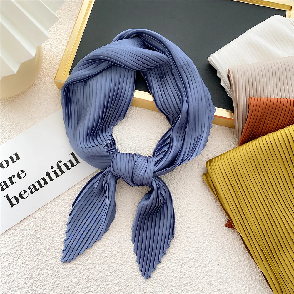 Various Colors Square Scarf Fashion Design Silk Pleated Neck Wear Scarf Crinkled Hair Scarf As gift Foulard Satin Hijab Bandana