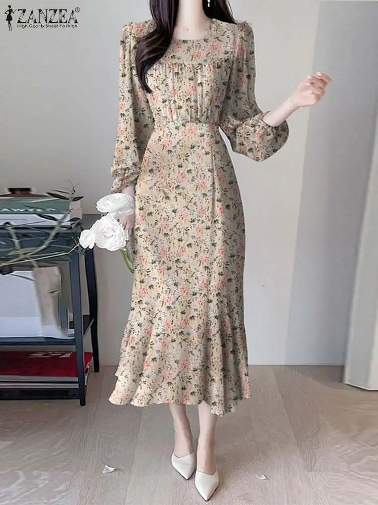 

Осень 2022, женские платья-миди ZANZEA с цветочным принтом, Длинное Элегантное платье с буффами и длинным рукавом, праздничное повседневное Плис...