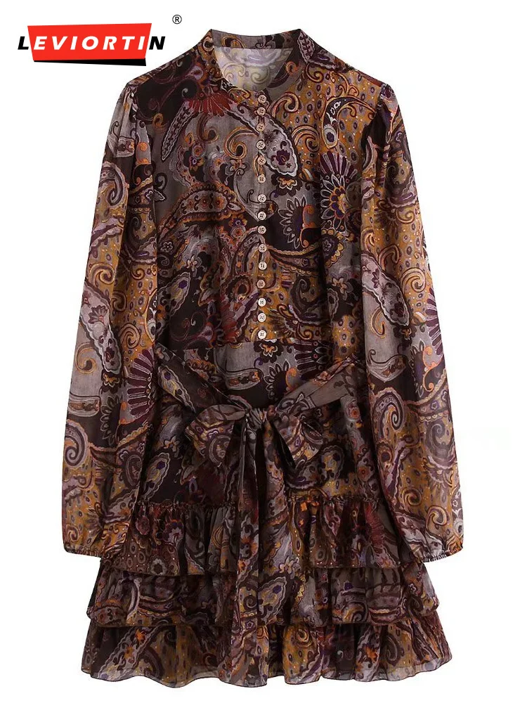 

Женское модное мини-платье с поясом и принтом пейсли, винтажные женские платья с длинным рукавом и оборками на подоле, Vestidos Mujer Chic 2022