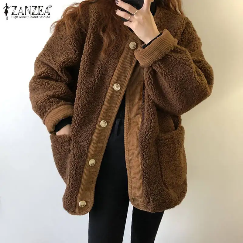 

Lady Brown Cardigan Oversize ZANZEA Fashion Velvets Corduroy Jackets 2022 Spring Patchwork Plush Outwear Women Casual Solid Coat