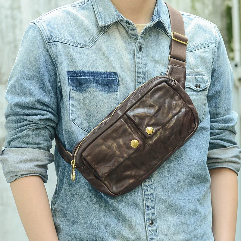 Fashion high quality genuine leather men's small chest bag designer luxury natural real cowhide outdoor daily sports waist pack