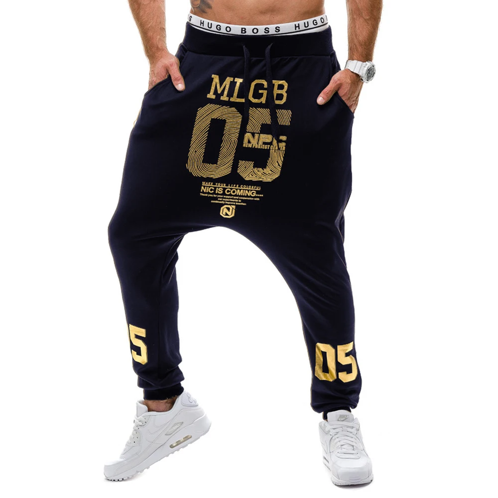 NEW 2022 Spring Autumn Casual Low Crotch Hip Hop Beam Foot Leg Pants Streetwear Street Dance Gold Number Printed Trousers Men
