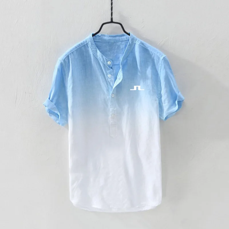 Men Golf Cotton and Linen Shirt Short-sleeved Men's Cool Thin Breathable Youth High Collar gradation Color Top