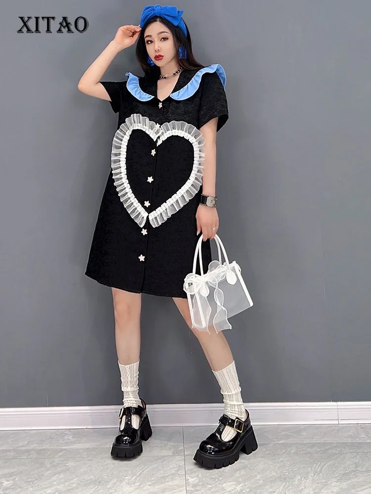 

XITAO Love Pattern Blouse Single Breast Ruffle Patchwork Small Fresh Casual Style 2022 Summer Minority Loose Dress WMD6133