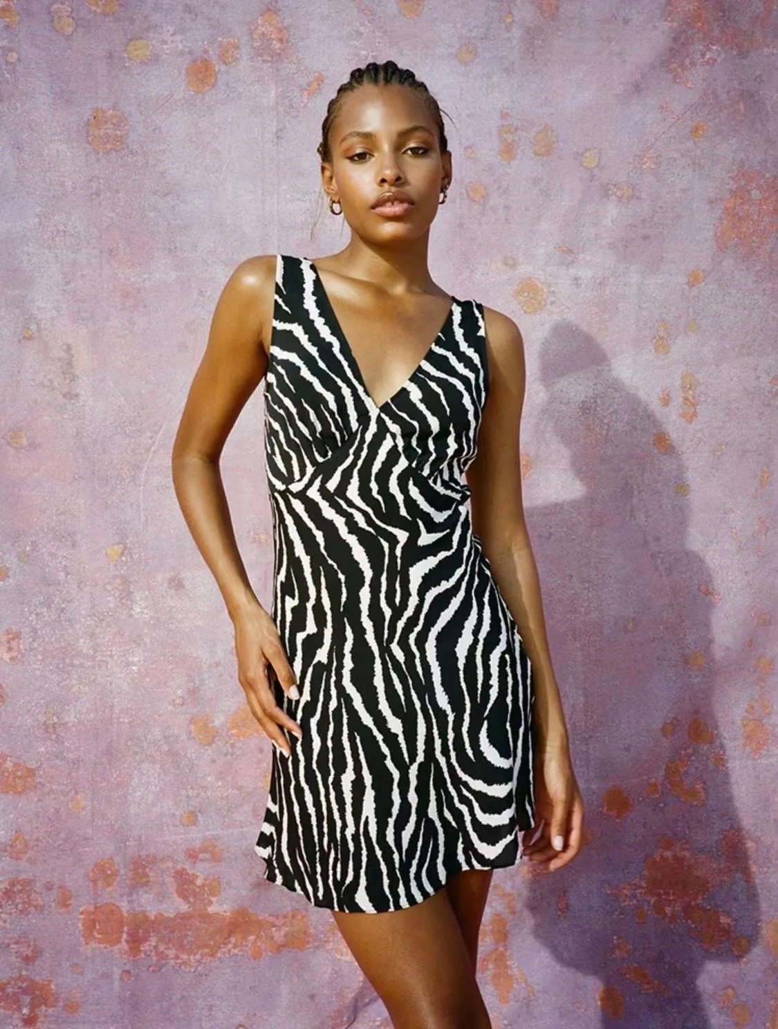 

Ladies Fashion V-Neck Zebra Striped 100% Silk Mini Dress