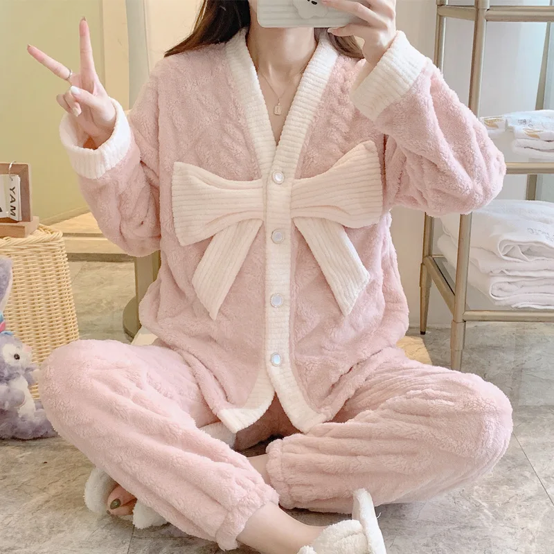 

Женская Фланелевая пижама с бантом и V-образным вырезом, 280 г