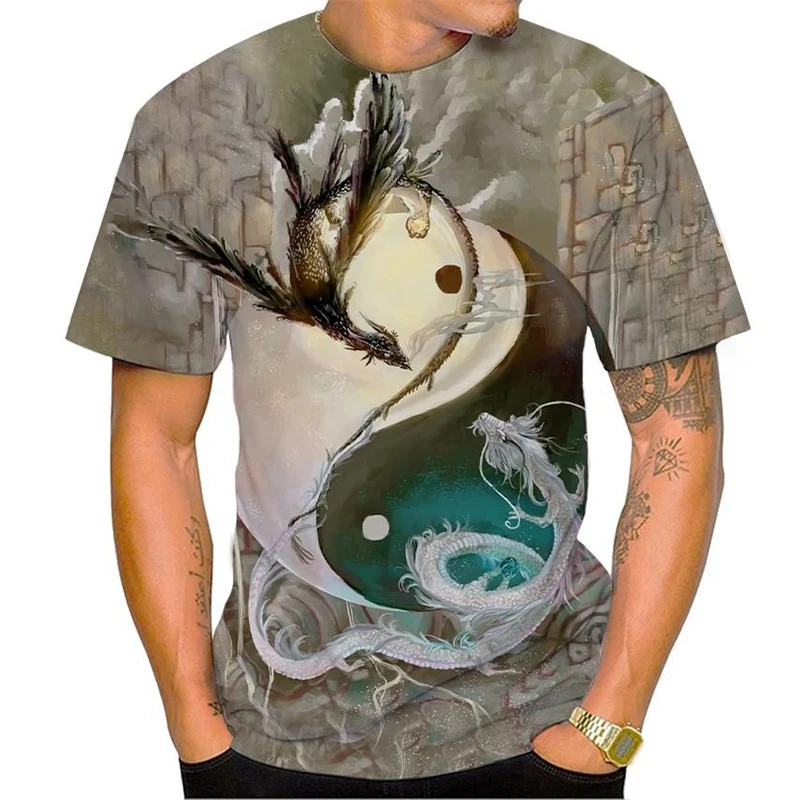 Gossip Tai Chi Yin Yang Men's T-Shirt 3d Printing Graphic Cool Dragon T Shirt Outdoor Casual Short Sleeve Round Neck Tees Tops