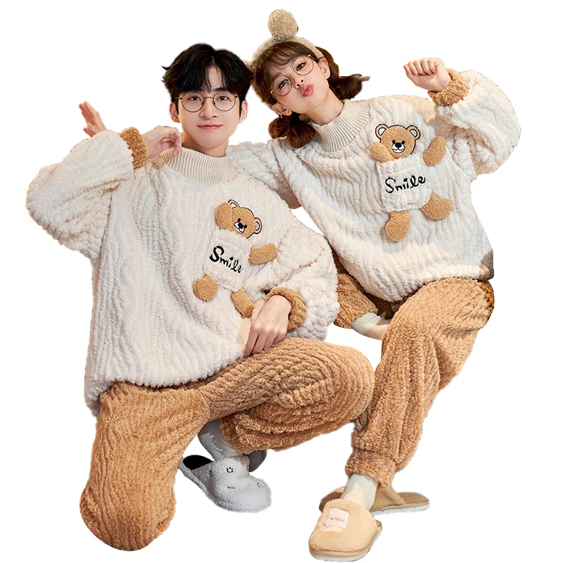 Winter Women's Pajamas Set Thickening  Korea Couple Sleepwear Soft Cartoon Bear Homwear Warm Pajama Sets Unisex Loungewear Suit