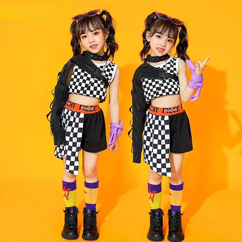 

Укороченный топ для девочек в стиле хип-хоп, клетчатые шорты в стиле пэчворк, детский уличный танцевальный Топ, комплект одежды Techwear с рукавами, Детские уличные костюмы
