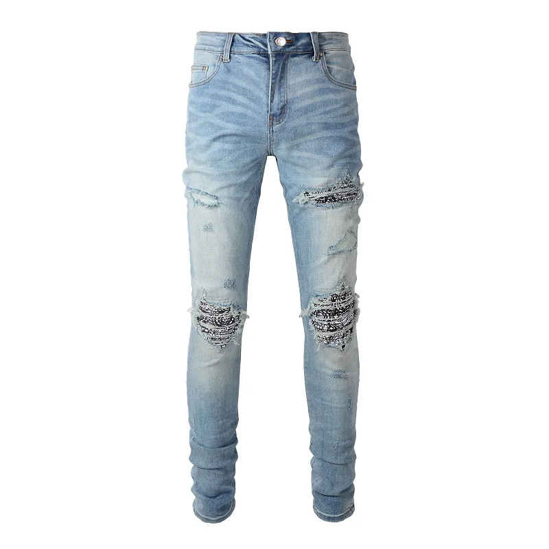 

New Arrivals Men's Light Blue Streetwear Distressed Skinny Stretch Destroyed Tie Dye Bandana Ribs Patches Slim Fit Jeans Pants