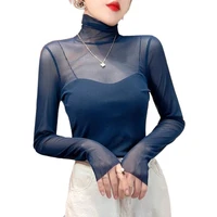 high neck lace bottomed blouse womens long sleeve thin blouse sexy mesh blouse t shirts p3 688
