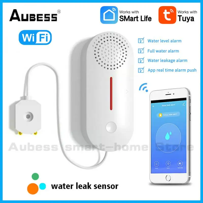 

Детектор утечки воды с Wi-Fi, датчик уровня воды Tuya для дома, кухни, ванной комнаты, система безопасности, сигнал высокой громкости 90 дБ, оповещ...