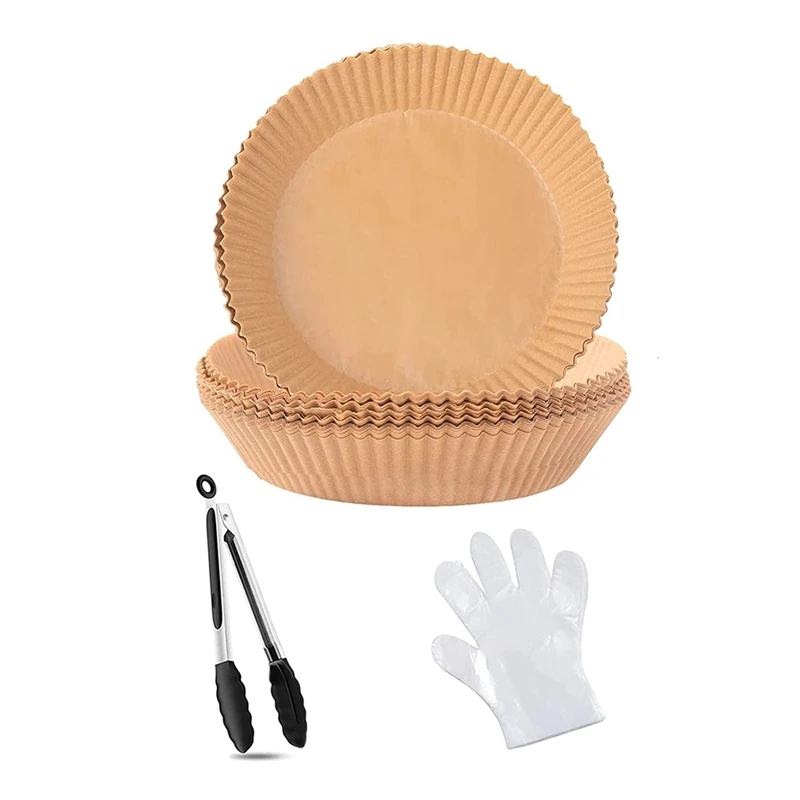 

100Pcs 7.9Inch Air Fryer Disposable Paper Liner,Non-Stick Air Fryer Liners With Tong&100 Pcs Gloves,For Baking,Etc