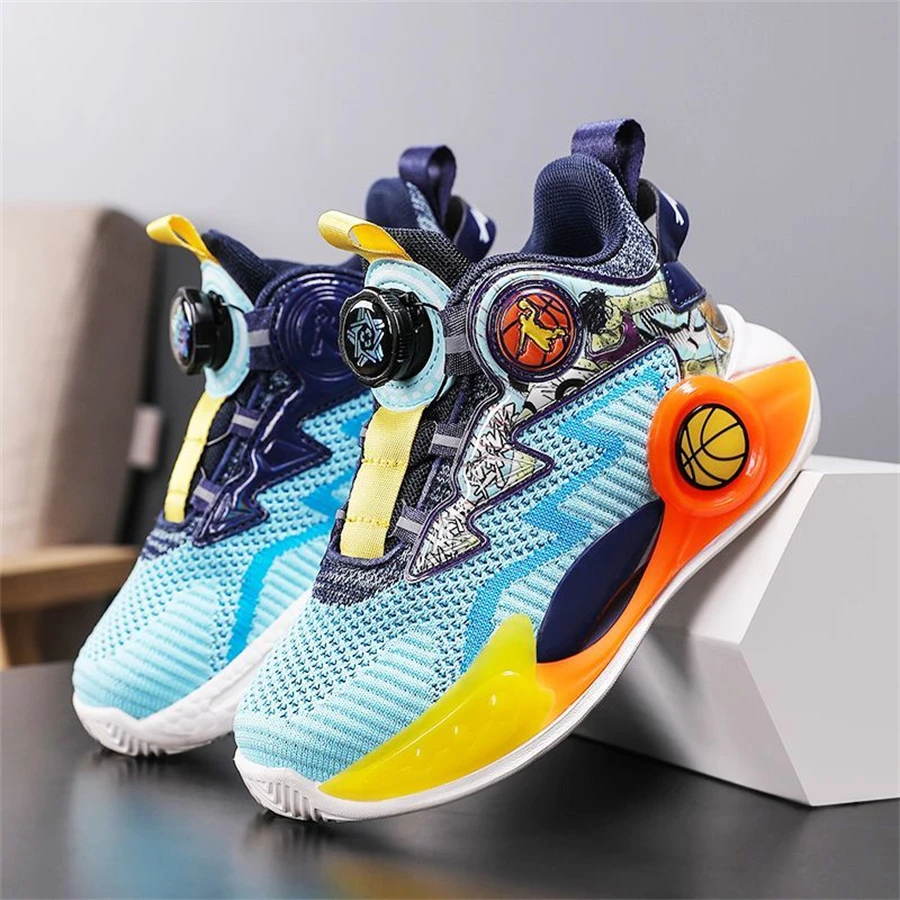 2023 New Boys' Basketball Shoes Kid's Mesh Breathable Sports Shoes Students Rotary Button Running Shoes Boys Basketball Sneakers