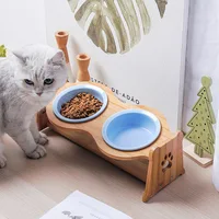 Cat Ceramic Bowls Bamboo Elevated Pet Bowls for Cats Dogs Protective Cervical Spine Anti-Tumble Dishes Pet Bowls and Drinkers