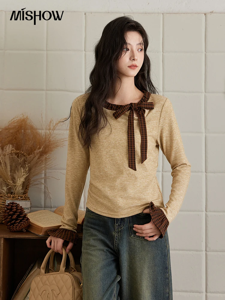 MISHOW вязаный свитер с бантом женский повседневный клетчатый низ топ 2024 осень-зима