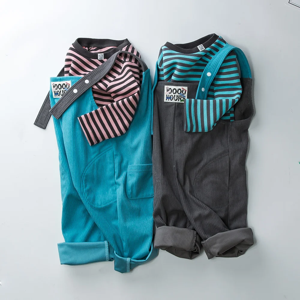 

Toddler Baby Boys Girls Twins T-shirt Overalls Outfits Babany bebe Kids Casual Soft T-shirt Corduroy Pants Clothes Set 2pcs