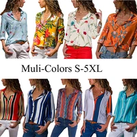 womens shirt chiffon blouse 2022 casual floral cuffed long sleeve v neck button up color block striped tops blusas feminina