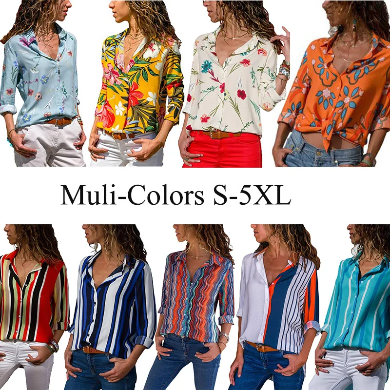 Женская шифоновая блузка с цветочным принтом длинным рукавом и V-образным