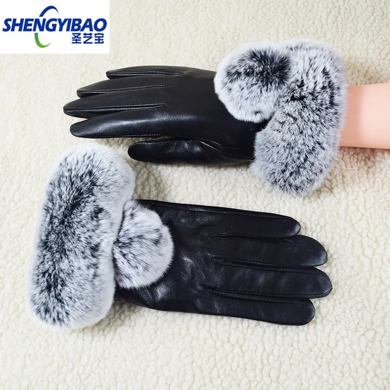 

Autumn and Winter New Sheepskin Leather Gloves Ladies Cute Rex Rabbit Fur Mouth Touch Screen Plus Fluff Warm Driving Gloves