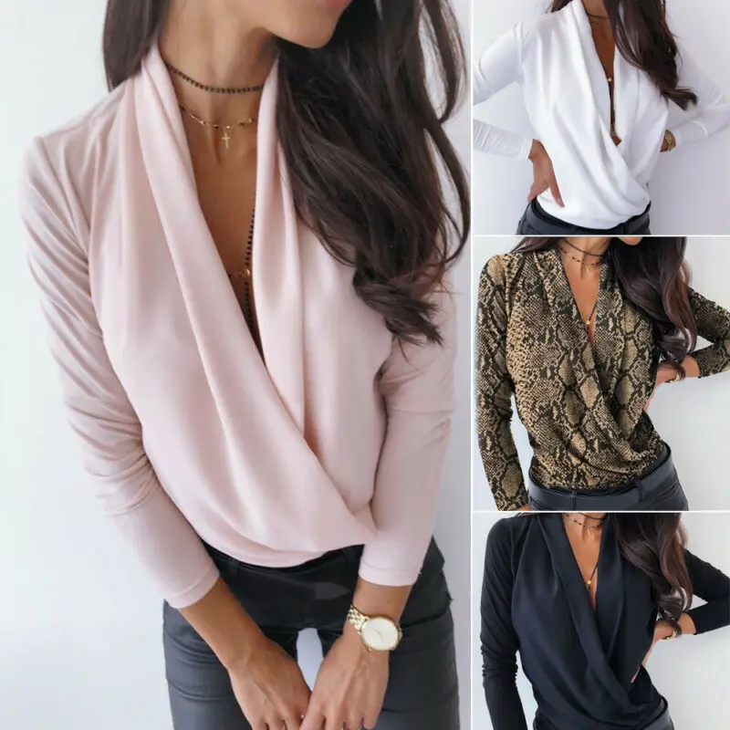 

New Sexy Womens Deep V-Neck Blouse Draped Long Sleeve Slim Shirts Office Lady Solid Top